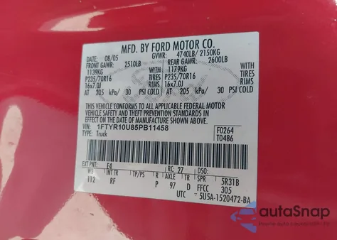 2005 Ford Ranger Edge/Stx/Xl/Xls/Xlt из США, поврежденный, VIN 1FTYR10U85PB11458